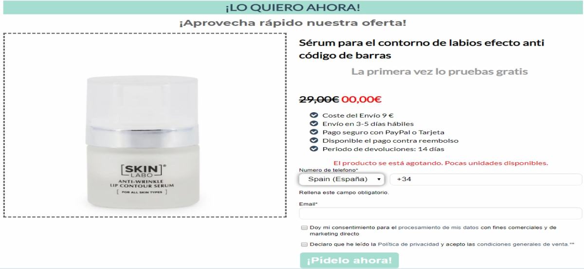 SkinLabo ofrece gratis Sérum para el contorno de los labios si pagas el envío